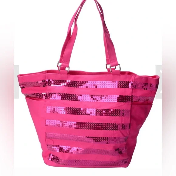 Victoria Secret Hot Pink Sequin Tote Canvas Striped Overnight Shoulder Bag New - Picture 14 of 14